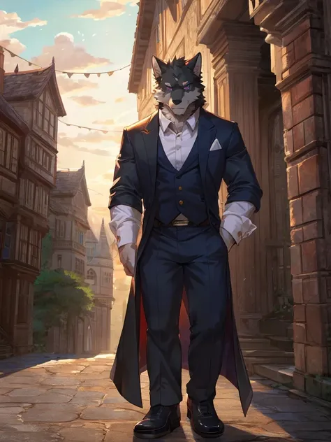 embedding:black wolf, male,purple eyes,Scar on the face, scar on the body,Single person,Smart posture, smart expression,father,Majestic, Manor style architecture,Just got off at the gate of the manor.Tall, mature,father，A modern manor,In the courtyard,Grav...