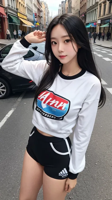 14mm wide-angle lens，Street shooting，Girl with a cheerful personality，Sportswear，Black long hair