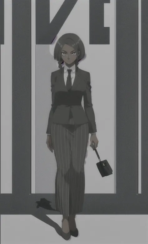 90s grown tall skinny black skinned female business woman in a grey pinstripe skirt suit wearing grey heels with cornrow hair full body