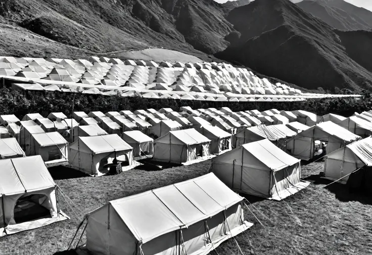 A scene of many identical tents set up in the mountains
