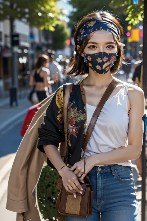 A man wearing a bandit bandana and a woman wearing a bandit bandana on her face,coming out of a cigarettescreen on a city street,The pioneering days of America）Western Region,Villain,cigarette,Dust,artwork,3d,4K,detailed,Realistic