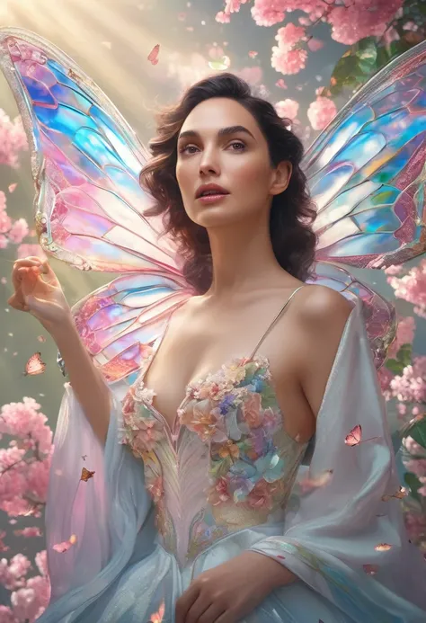 (and 8K，raw photo，premium，超High resolution，masterpiece：1.2)，(photorealistic：1.37)，Gal Gadot，butterfly wings，tink shot to the chest，In the style of rococo pastel colors，light white and light red，incredibly pretty，SakuraNS，Sparkling water reflection，to combi...