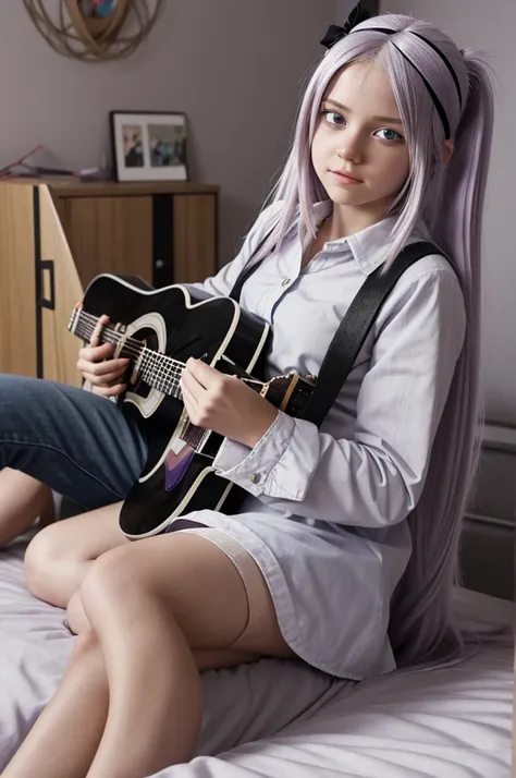 Boku no Hero Academia Template,17 year old girl,long straight white hair,pastel lilac eyes,fitted black blouse,Jean,with a gray band as a headband and is playing the guitar in his room on top of his bed