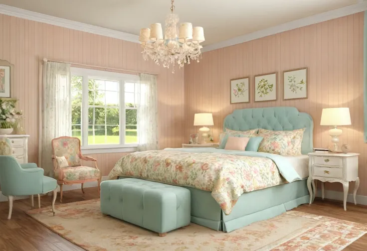 photo of Retro luxury simple bedroom interior style Using furniture and decoration from previous decades, usually the 50s, 60s, 70s. Color: Bright colors, unique patterns, pastel colors. UHD, 8K, super highly detailed, Ultra super HD, Ultra sharpen image
