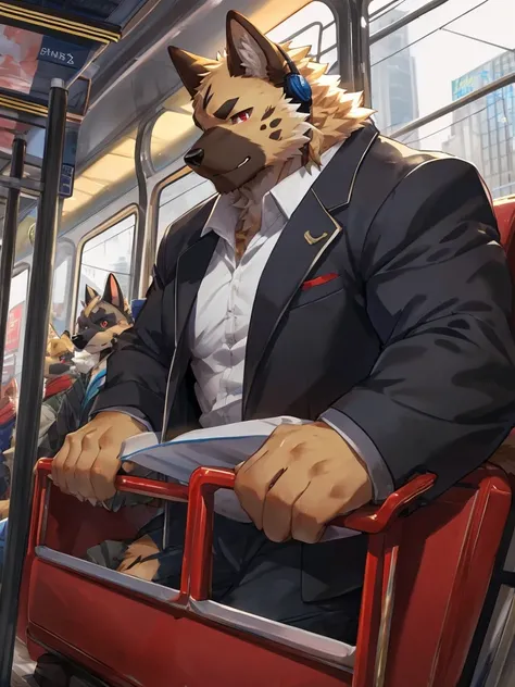 embedding:German Shepherd Dog, male,red eyes,Single person,The side,In the carriage,Look outside,Outside the train is the city.Headset,,Black jacket,The game CG,Illustration,On the train,The invention discloses a neck earphone,The highest quality of scene ...