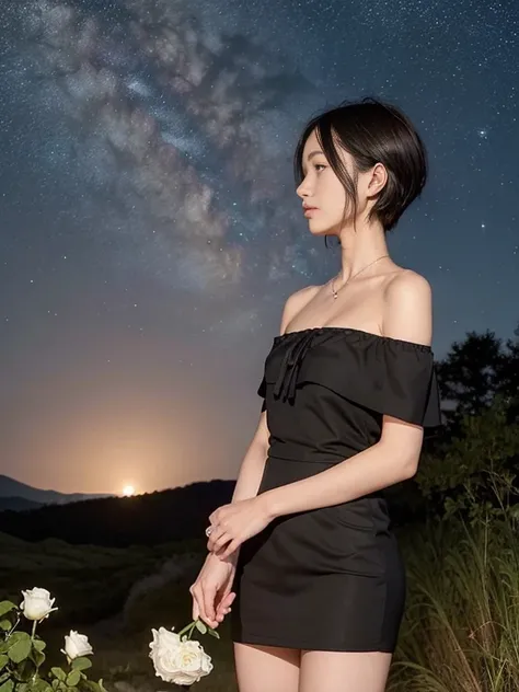 beautiful 16 year old girl, Skinny body, small bust, very short hair, smooth black color, has a short off shoulder dress, two hands, Profile, Whole body, holding a white rose in her right hand, Perfect face, on a hill at night , few trees, starry sky, very...