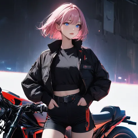 Young girl pink hair short hair blue eyes cyberpunk black top motorcycle jacket shorts high quality masterpiece half body photo