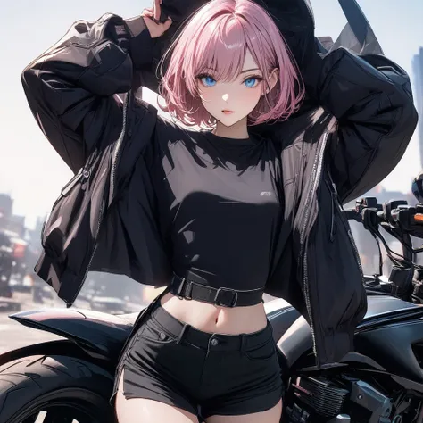 Young girl pink hair short hair blue eyes cyberpunk black top motorcycle jacket shorts high quality masterpiece half body photo