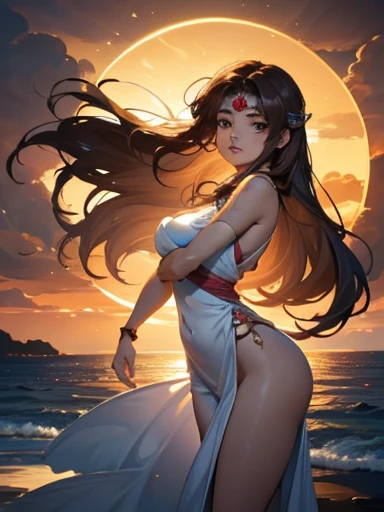 A captivating anime-inspired scene of a stunningly beautiful young woman meditating serenely at the edge of the Atlantic Ocean shore. Her dark brown hair billows gently in the breeze, framing her gracefully arched back and revealing a captivating tattoo. T...