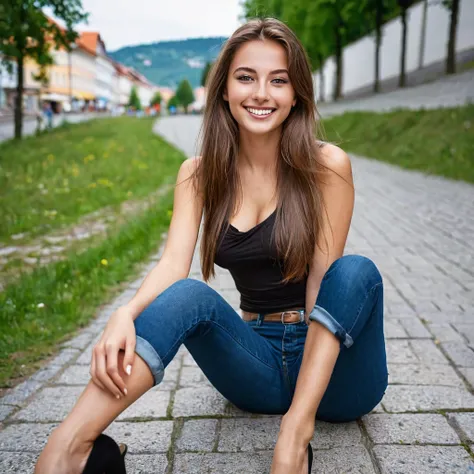 Extreme Beautiful woman from austria, realistic eyes, hyperrealistic face, slim face, long brown hair, 25 years old, sitting, legs, model posing, special camera angle, sexy clothes, smiling, medium breasts, outside