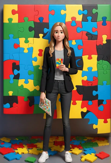 3D Pixar style poster. woman with light skin, very straight dark blonde HAIR, light brown eyes, black blazer, black jeans, gray shirt, white sneakers, notebook in hand, BACKGROUND WITH RED, blue, green and yellow PUZZLE.