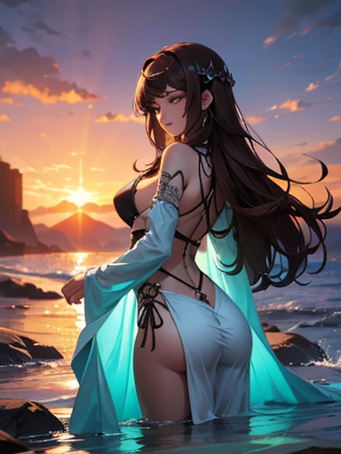 A captivating anime-inspired scene of a stunningly beautiful young woman meditating serenely at the edge of the Atlantic Ocean shore. Her dark brown hair billows gently in the breeze, framing her gracefully arched back and revealing a captivating tattoo. T...