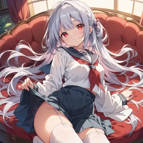 BREAK Perfect Anatomy、(High resolution:1.2)、Incredible illustrations、(Cute illustrations:1.2)、(nsfw) （Beautiful background(bedroom)

((Silver Hair,Red Eyes、Sunburn)、Slender)

((school uniform、half undress)、Silk underwear、Garter Stockings)