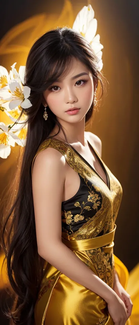 beautiful Thai chubby woman, artistic pose, perfect symmetric eyes,  with soft lush warm black long hair flowing, digital painting, with a beautiful delicate silk dress printed with flowers, art portrait by Vladimir Volegov, a ultra hd detailed painting, c...