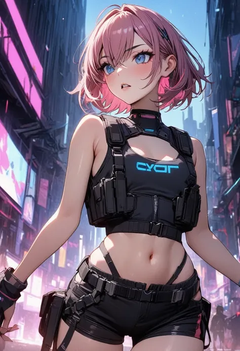 Young girl pink hair short hair blue eyes cyberpunk black vest shorts high quality masterpiece red wolf