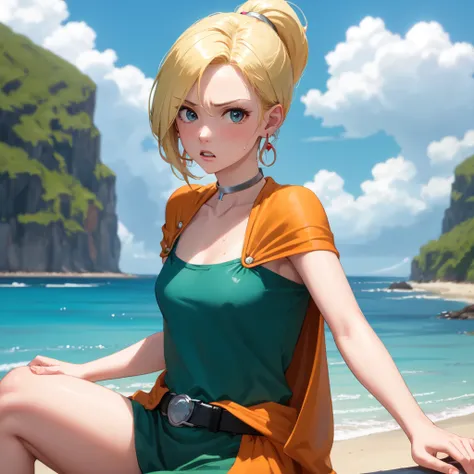 masterpiece, Highest quality, DQ Bianca, 1 person, Single Blade, Earrings, choker, Orange Cape, Green Dress, belt, Small breasts, 1 personで, Upper Body, hot, Sweating a lot, Sitting, ponytail, looking at the camera, Ocean, beach, Take off, Pause, angry