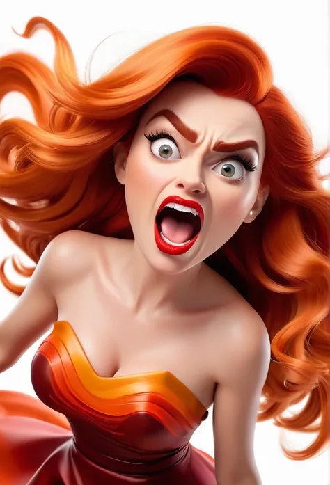 create a 3d illustration, model realisitic, exuberant, anger, woman sofisticaded, orange wave ombre red hair, luxury, realisitic, eyes browns, ninth time, Red lips, anger expression, Pixar-style, fashionable, rock red dress, Search for the camera, White ba...