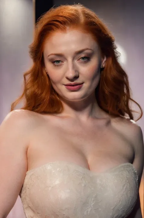 Face of Sophie Turner, Portrait of Sansa Stark, Sansa Stark played by Sophie Turner, the de facto Lady of the Eyrie, is a 55-year-old mature queen with a stunning, alluring appearance, mommy figure, wide body, heavy figure, fleshy bulky figure, Full Face, ...