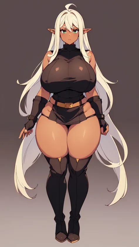 ((blank background)), (((full body))), masterpiece, best quality, thief girl, ((huge girl)), (random hair color), (wide hips:1.4), (thick thighs:1.3), ((dark skin)), ((short brown skirt)), ((long legs)), female muscular:0.8, (curvy:1.4), standing, sleevele...