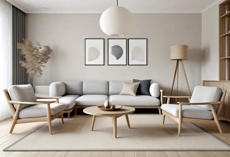 photo of retro japandi simple luxury living room interior style.
combining scandinavian and japanese styles, minimalism, sophist...