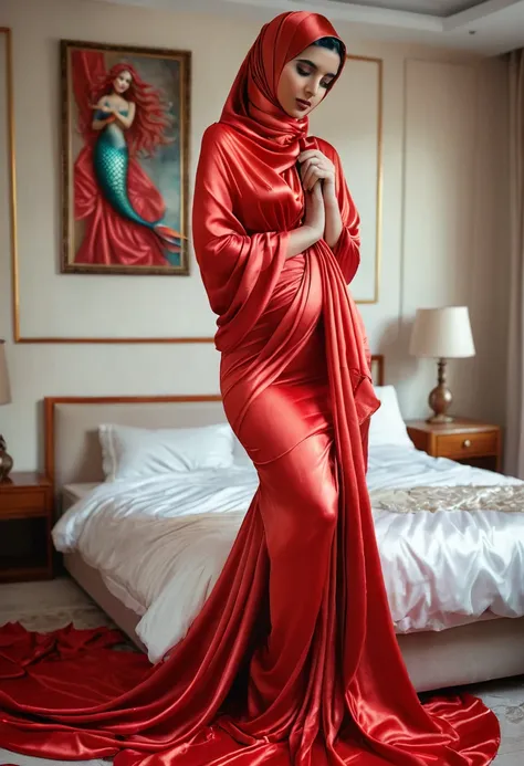 a sexy a woman covered in large red satin cloth, tied tightly with the satin cloth, mummified, the satin hanging down very long, a mermaid style dress, wearing a satin hijab, the satin cloth is very long, forming the curve of the body, flowy satin about 4 ...