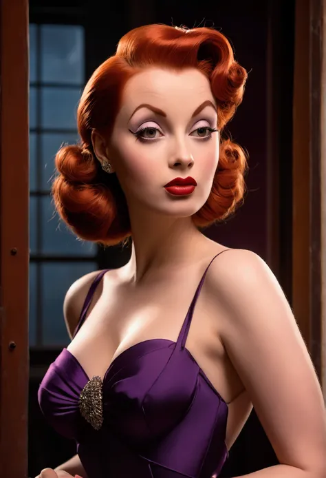 A gorgeous, voluptuous cartoon woman with striking red hair styled in a 1940s-inspired updo. She has a classically beautiful face with large, expressive eyes, long eyelashes, and full red lips. Her figure is curvaceous, accentuated by a tight-fitting, low-...