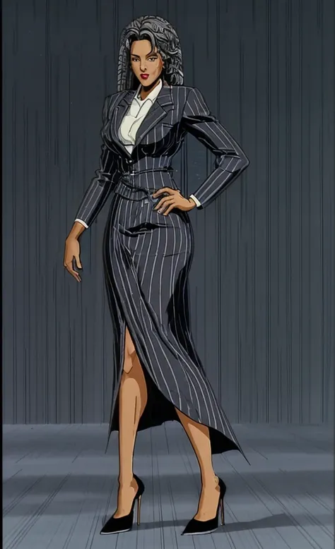 90s anime grown tall skinny black skinned female business woman in a grey pinstripe skirt suit wearing grey heels with cornrow h...