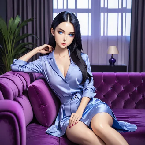 A Cute Woman with Long silky black hair, heterochromatic red-blue eyes that dimly glow purple, perfectly symmetrical features, smooth skin, slim build, wears elegant clothes. She is sitting in a couch in a modern living room.