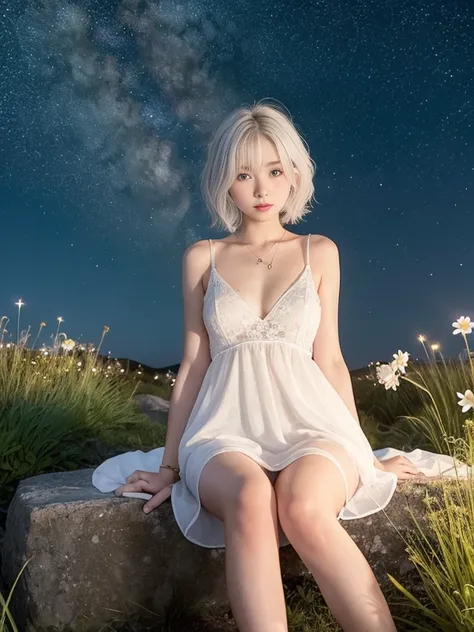 On a clear night, a 17 year old girl with short, frizzy pure white hair sits on the top of a hill. Her slim body and small bust are highlighted by a green peasant dress that shows off her legs.. Around it, illuminated flowers glow softly under a starry sky...