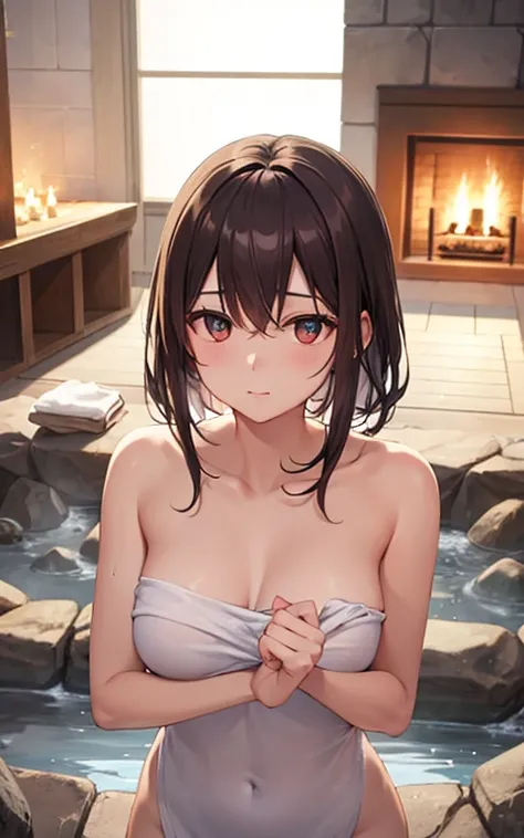 top-quality、hight resolution、detaileds、 out、teats、NSFW、a beauty girl、Upper body visible、Upper body naked、fantasy worlds、Stone closed room、bath towels、After taking a bath、In front of the fireplace、Fireplace Lights、dim room、