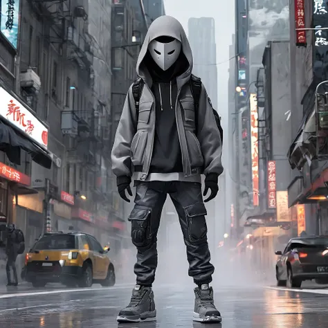 (masterpiece, best quality:1.2), 1boy, backpack, full body, grey city street background, helmet, hood, hooded jacket, jacket, ma...