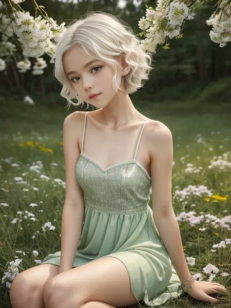 13 year old girl, short white hair, Very curly, Skinny body, small bust, green dress, two hands, shows her legs, sitting on a hill at night, very starry sky, few trees, flowers illuminating, next to her a small white fox, she very pretty.