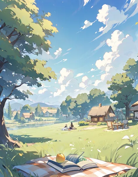   background, clearing, house in the distance, one tree, diamond book, picnic