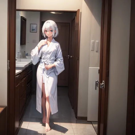 white hair anime girl in bathrobe