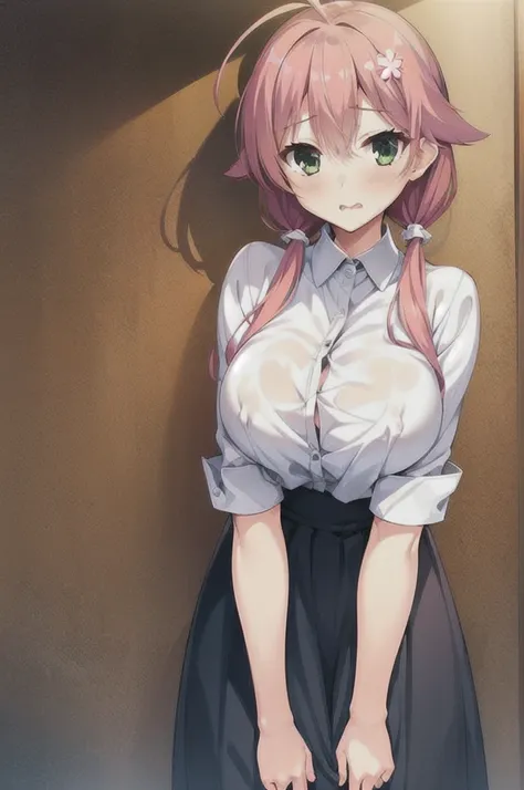 One girl, alone, Highest quality, sakura miko, White shirt, Pink Hair, Green Eyes, Ahoge, Low Twintails, Huge breasts, No sleeve, hair ornaments, I&#39;m playing games on PC,Black vest, Face distorted by fear, Open your mouth, 