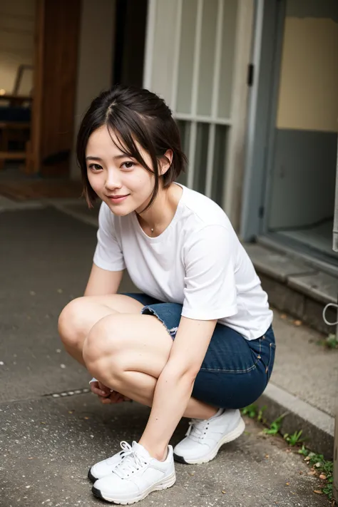 Top quality, 1 beautiful woman, super short Hair, shy-smile, Crouching