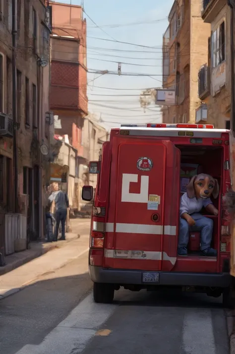 a scene where emily is being taken away in an ambulance. the red-brown miniature dachshund, lulu, is looking at the ambulance wi...