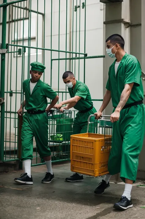 Two inmates in green uniforms pushing a cart carrying boxes in a prison