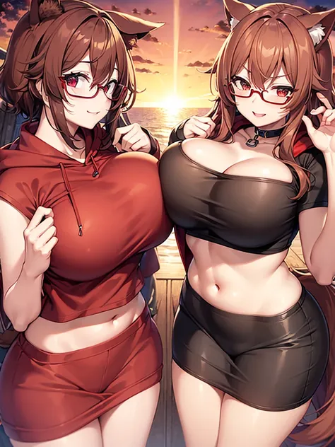 １Only people、Big Breasts、low length、Light brown short hair with outward curlischievous Smile、Red Glasses、Red Eyes、Animal Ears、Black and red hoodie outfit、Under the sunset sky