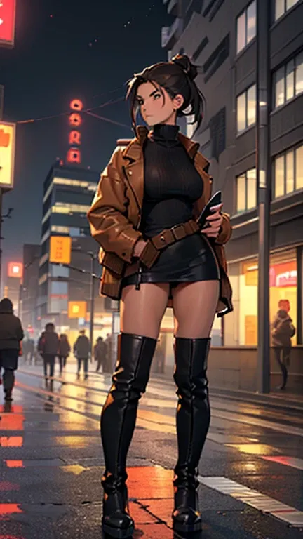 (detailed), (((normal girl))), (Arabic characteristics), ((brown sheepskin jacket)), ((pelo negro rizado ponytail hairstyle)), ((ponytail hairstyle)), (calm face), ((by the width)), ((black high boots)), (((whole body))), ((in the middle of the city leanin...