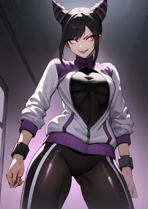 beautiful young fitness woman with , in a gym wearing May with black pantyhose, tight white and purple gym jacket. standing alone,hair horns,glowing purple eyes,Evil smile,legging preto ,labiaa,dark eye shadow,shining eyes
