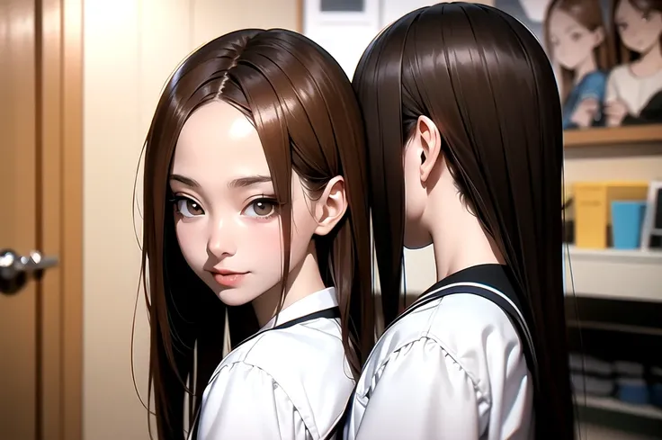 indoor, Are standing, I had already finished:1.2, , Long Hair, Brown Hair, Brown eyes, (Perfect Skin, Realistic Skin), seifuku, White shirt, White socks, White panties, Emphasis on high-quality fabrics,View from behind、 sexy:1.1, smile,  Takagi-san First S...