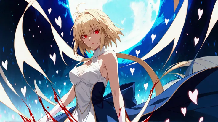 1girl, solo, arcueid brunestud, red eyes, blonde hair, solo, breasts, evil smile, arcueid, blood,