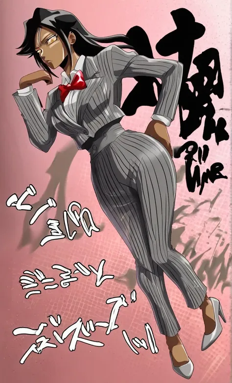 90s anime grown tall skinny black skinned female business woman in a grey pinstripe skirt suit wearing grey heels with cornrow hair full body
Pinstripe blaze and pinstripe skirt and red bow 