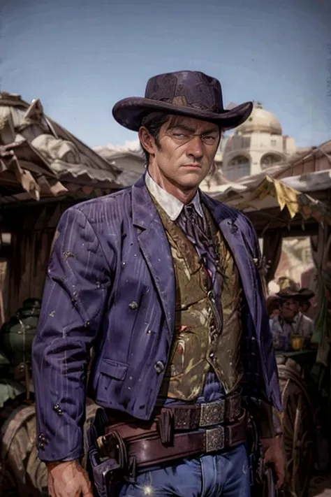 portrait of a young john wayne as a cowboy. red dead redemption, detailed portrait, chiseled features, piercing blue eyes, rugge...