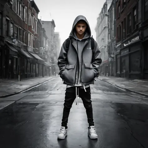 (masterpiece, best quality:1.2), 1boy, backpack, full body, grey city street background, hood, hooded jacket, jacket, solo, stan...