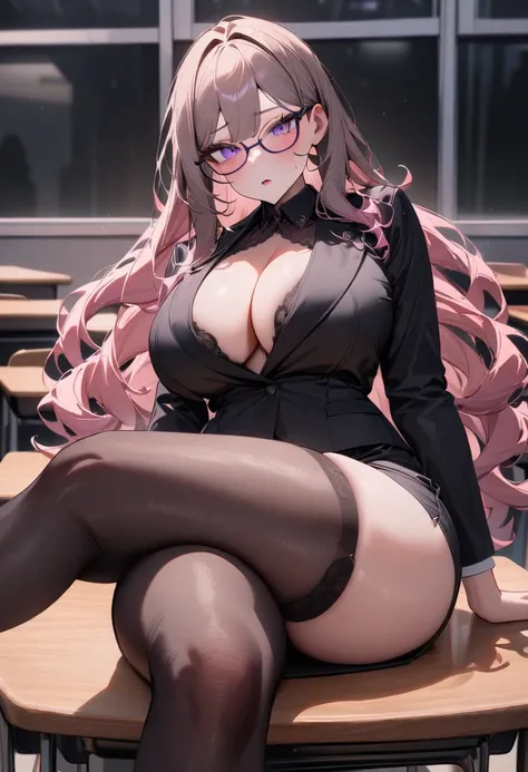 1 girl, curvy, beautiful, sexy, busty, peach hair, long hair, purple eyes, glasses, black blazer, cleavage, short black pencil skirt, black stockings, black high heels, classroom, sitting on table, crossing legs, looking at viewer, cold face, 8k, best qual...