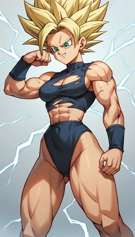 a girl, saiyan, super saiyan, spiky, green eyes, ripped slim, thin waist, wide hips, saiyan clothes, dragon ball z universe, brown skin , medium breasts, thick thighs, (she would be raising her ki and if transforming into super saiyan), super saiyan hair, ...