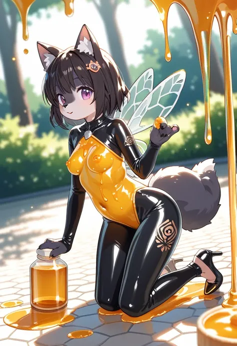 Highest quality, Highest quality, High quality illustrations, masterpiece, Ultra-high resolution, Detailed Background, honeycomb, in the forest, Absurd, Perfect Anatomy, performance, Good lighting, Shadows in the movies(kemono, Furry PersonifiCation), Cat,...