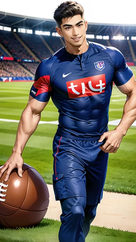 1 man, smile, (wearing navy clothes, round neck, short sleeve football shirt.), Navy cargo pants, Korean guy , korean men, (High gloss details), chest muscles, Big arm muscles, blood vessel, big muscles, Broad shoulders, looking at the audience, Balancing ...